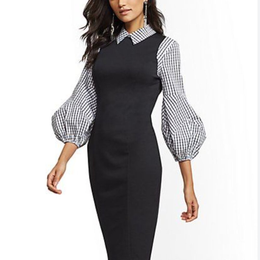 New York & Company Black Dress with White Checkered Puff Sleeves